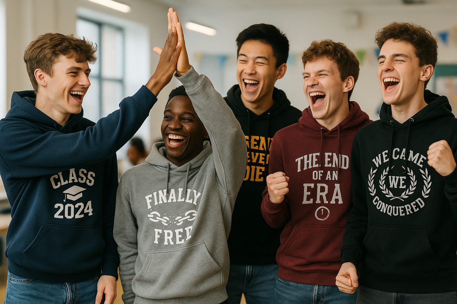 Custom leavers hoodies with names, dates, and school logos