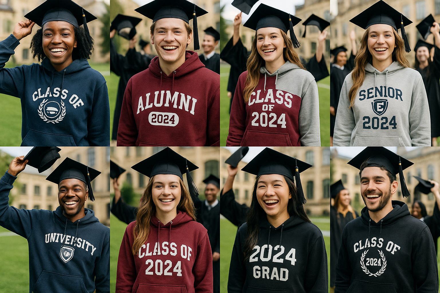 Create a nice collage leavers hoodies university or school leavers wearing custom design images mix genders, pullover hoodies please,