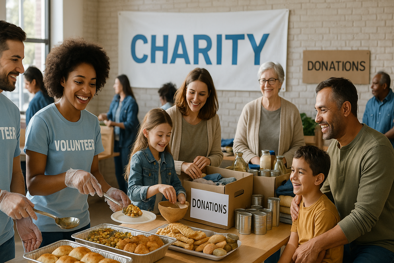 generate a banner with people at a charity event that actually look very real in high definition