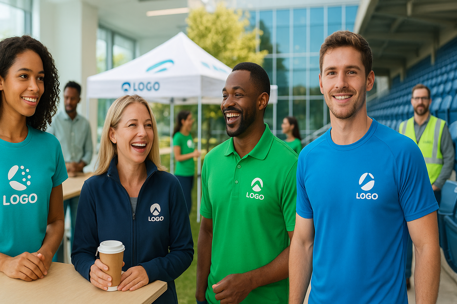 Generate a hero style banner landscape with no text background. Show a Branded workplace/event/team vibe (schools, staff, sports, events). wearing genuine logo's or look a likes made up looking nice not too dark background. Also include a t-shirt, polo shirt, jacket, sports t-shirt and hi vis, vest.