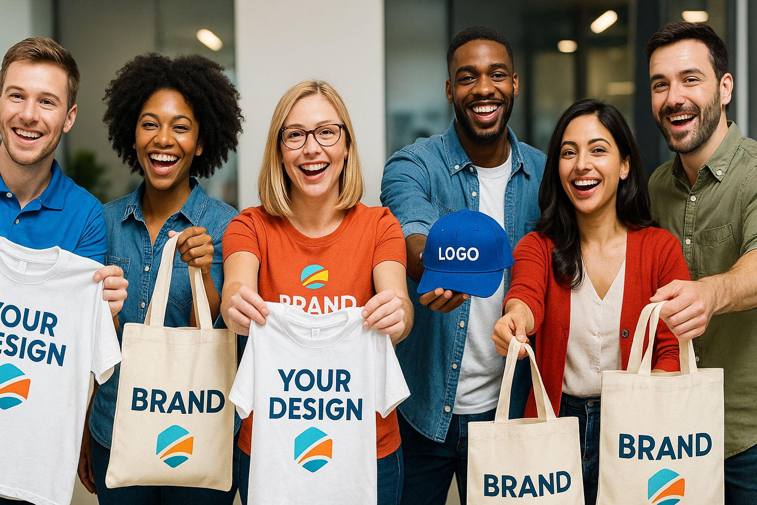 Make a banner show man and women giving away promotional friendly printed t-shirts, tote bags and caps for brand awareness. High definition