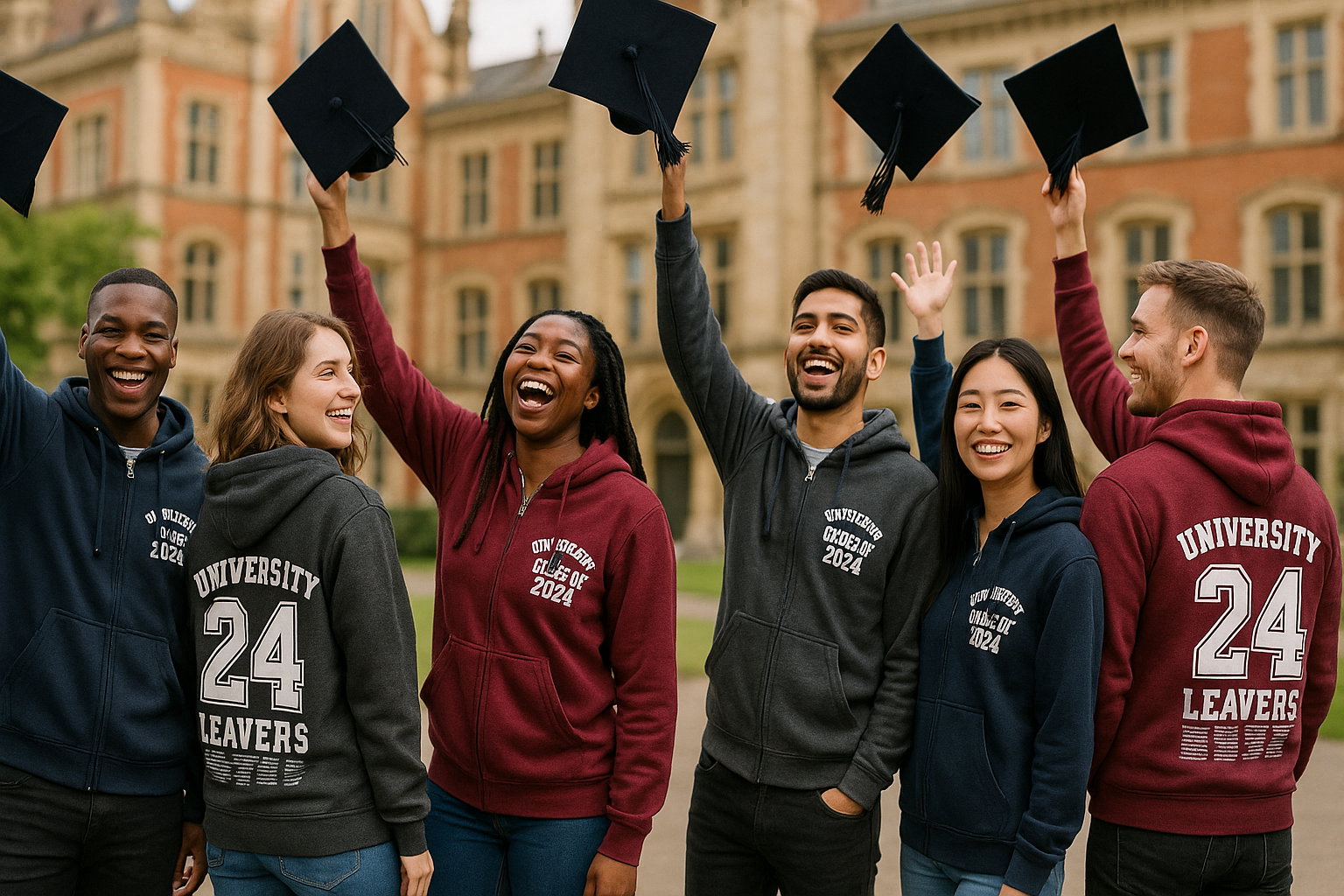 make a nice banner with college university leavers wearing zip hoodies only with genuine leavers design large images on left chest and back showing