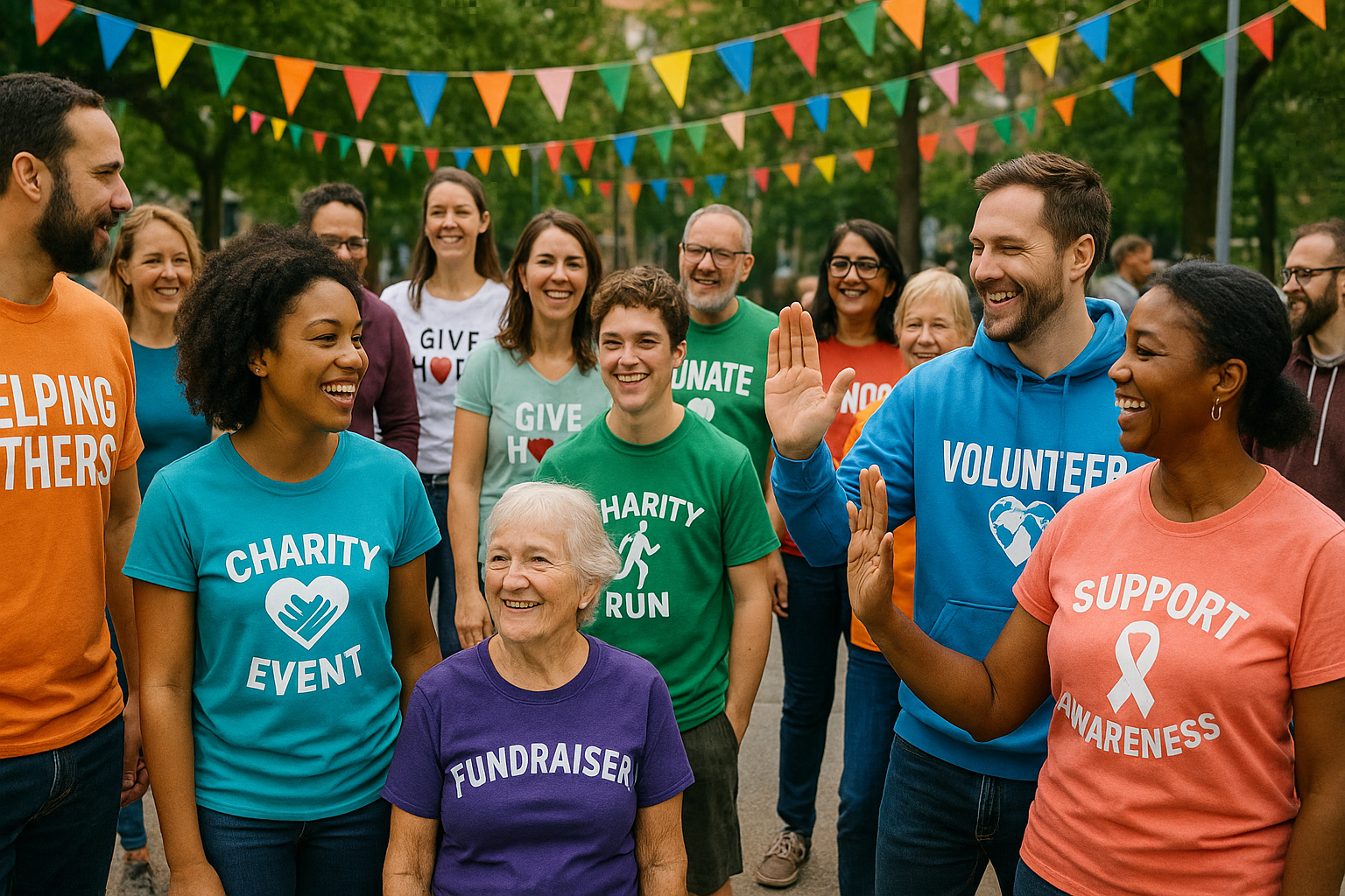 show a crod of people at a charity event wearing custom clothing