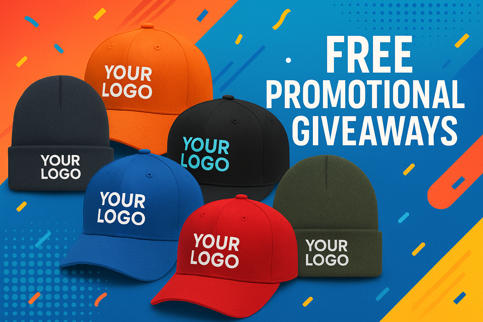 Banner show some promotional caps and beanies for give aways with branding visability