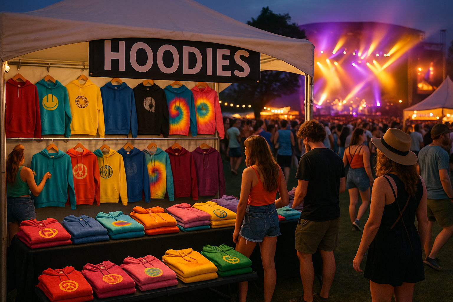 banner showing hoodie stall displaying merch hoodies at a real life festival