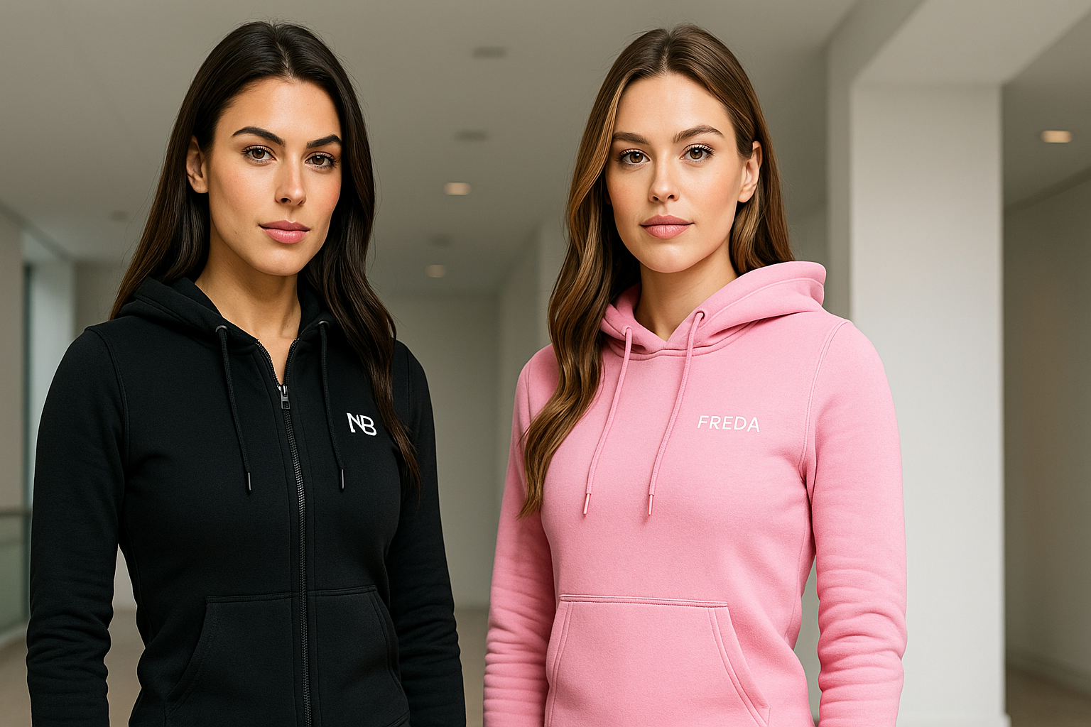 Two women wearing black and pink hoodies with visible brand logos indoors.