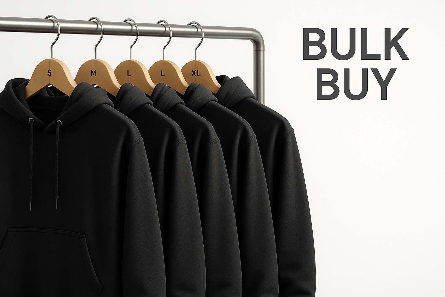 Create editor banner. show a clothes rail full of black hoodies on hangers for bulk buy excellent detail