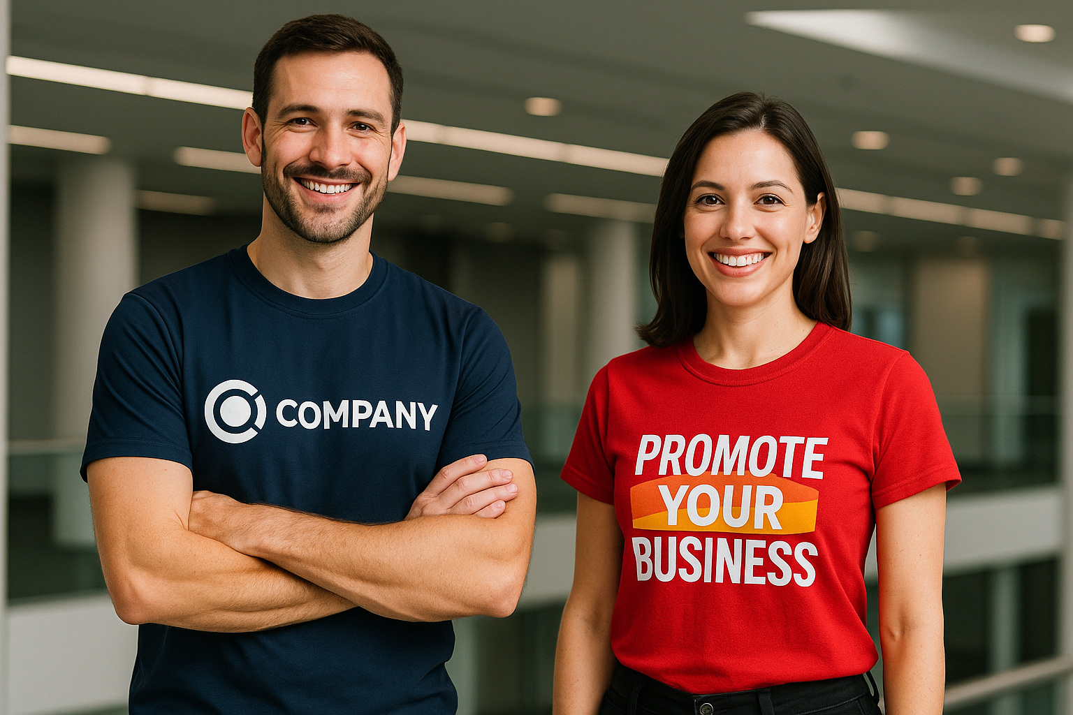 generate a banner man and woman wearing trade show printed t-shirts