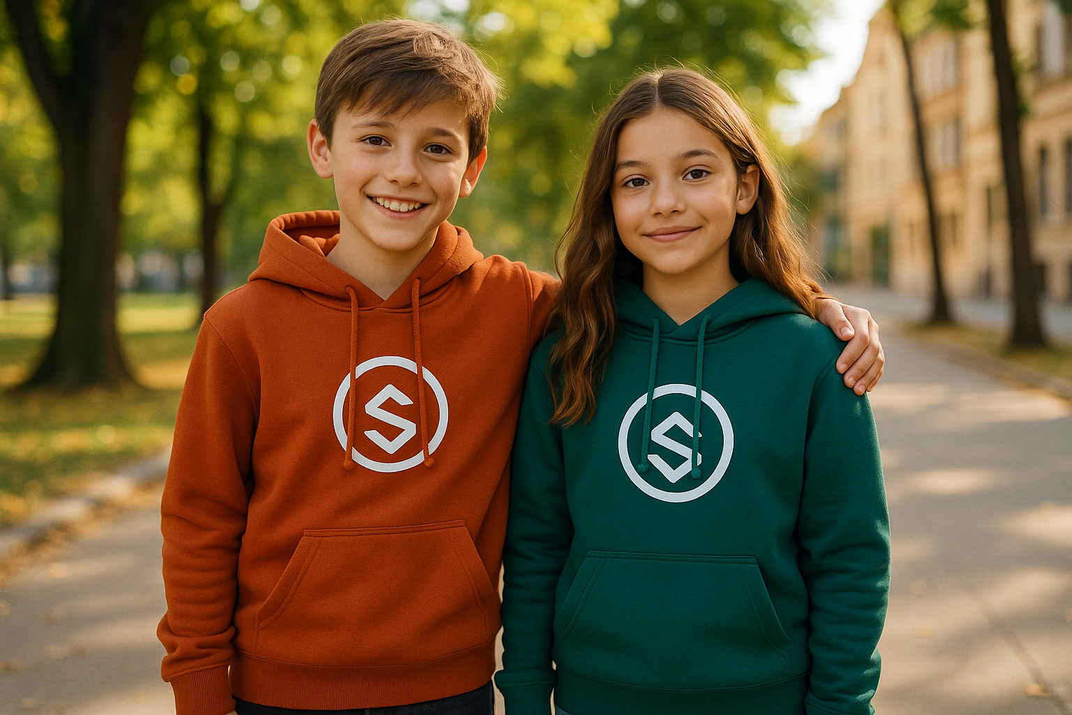 Generate a banner no background text. Lifestyle image boy and girl wearing hoodies with nice logo events in a nice background.