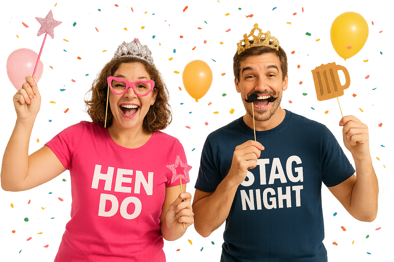 Generate a hero banner no background text. Make a hen and stag do background with hen wearing t-shirt for her hen do and a man wearing a Stag nigh t-shirt. high definition not too dark 