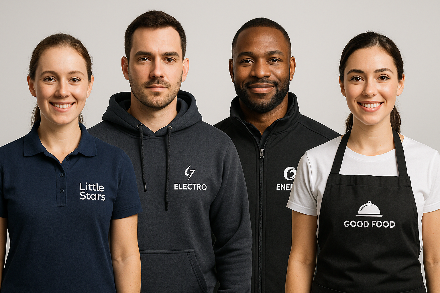Generate a hero banner with no background text. Show four adults wearing workwear with brand logos. One woman wearing a polo  nursery nurse. one man wearing a hoodie electric engineer. one man wearing jacket energy company. one woman wearing apron catering company 