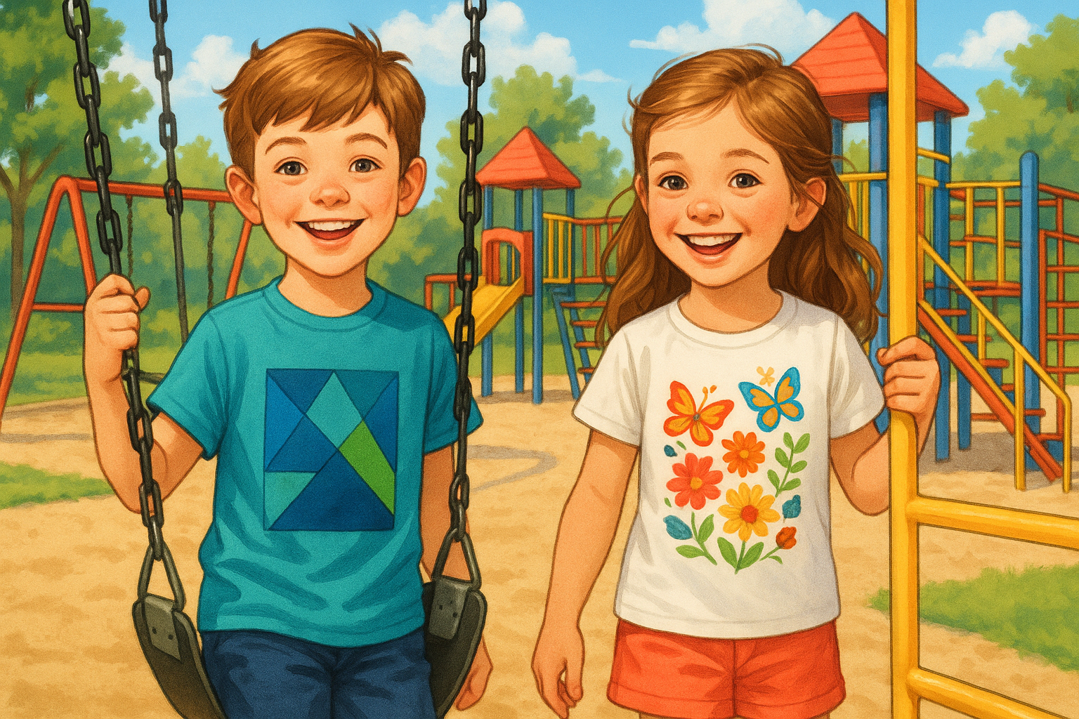 Generate boy and a girl in a playground with wearing t-shirts and nice designs