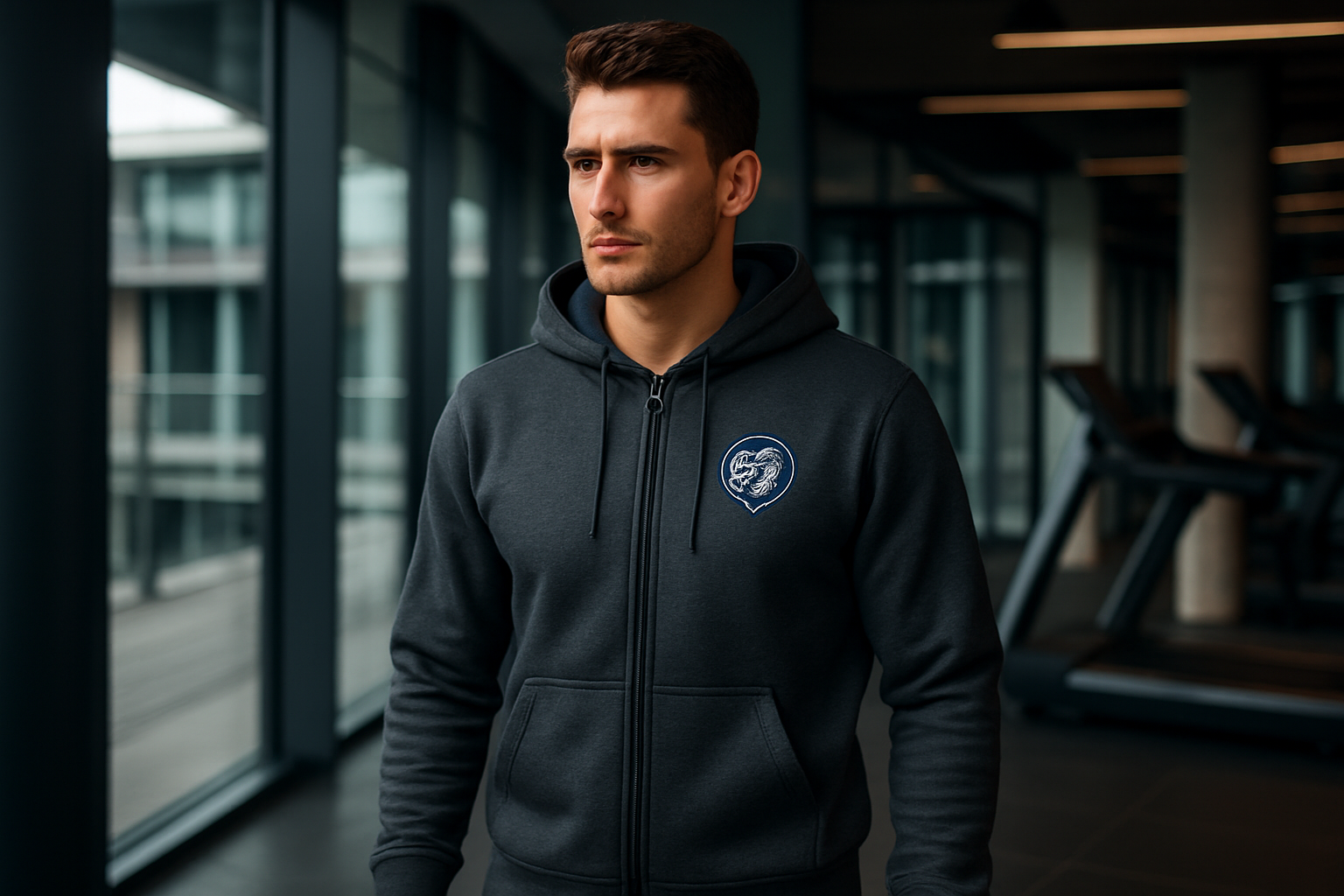 hero banner no text background. Man wearing a luxury zip hoodie with sports logo left chest embroidery working at a sports leisure complex looking fit, show garment and logo quality hd please