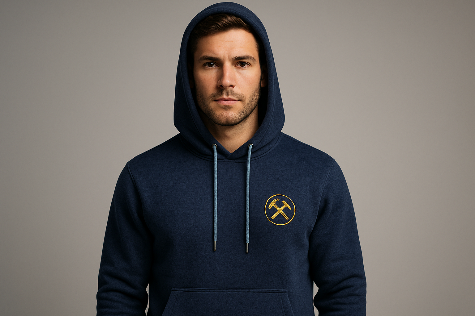 Man wearing a navy custom hoodie with a gold workwear logo on a grey background
