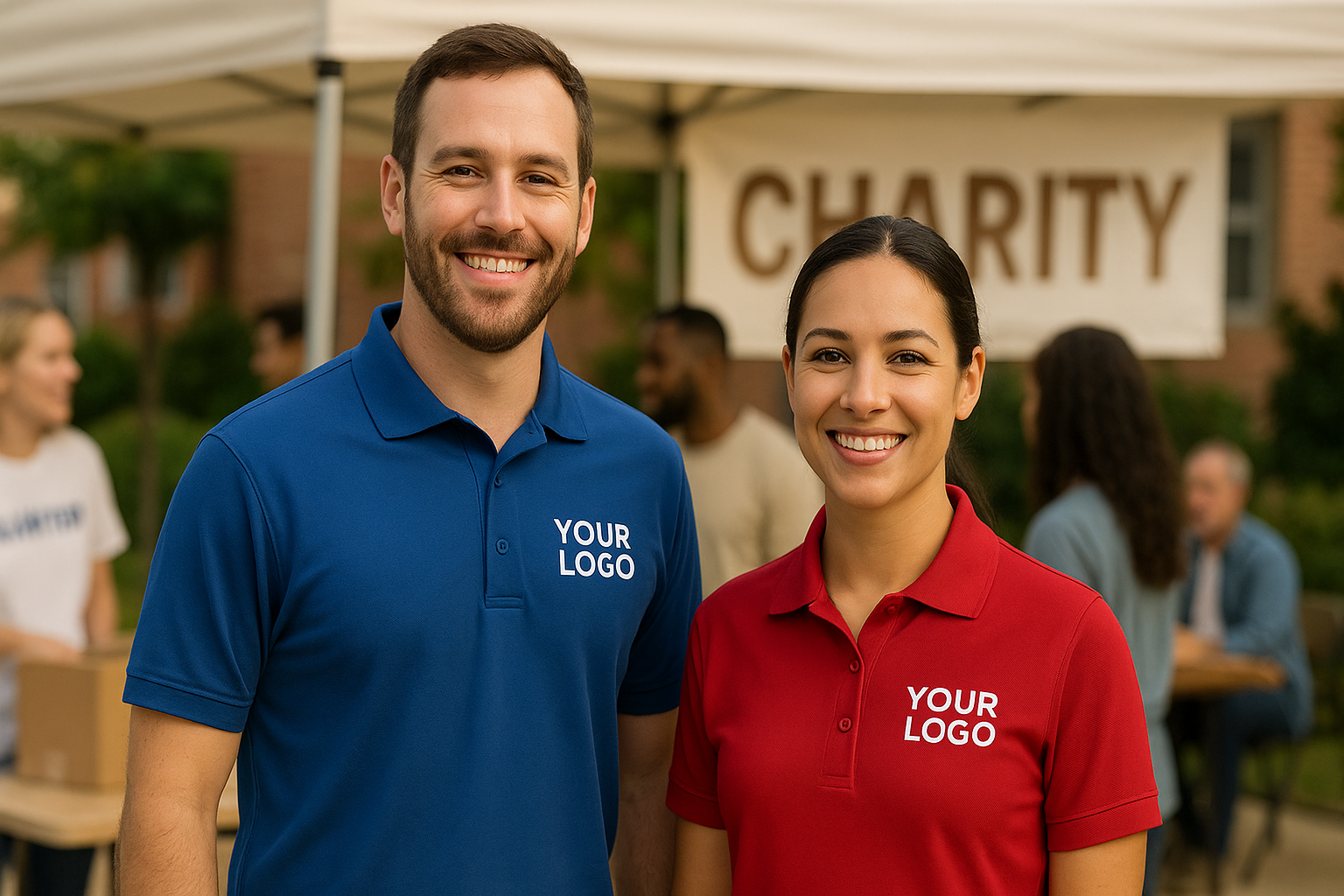 Make a banner man and woman in wearing custom polo shirts at a charity