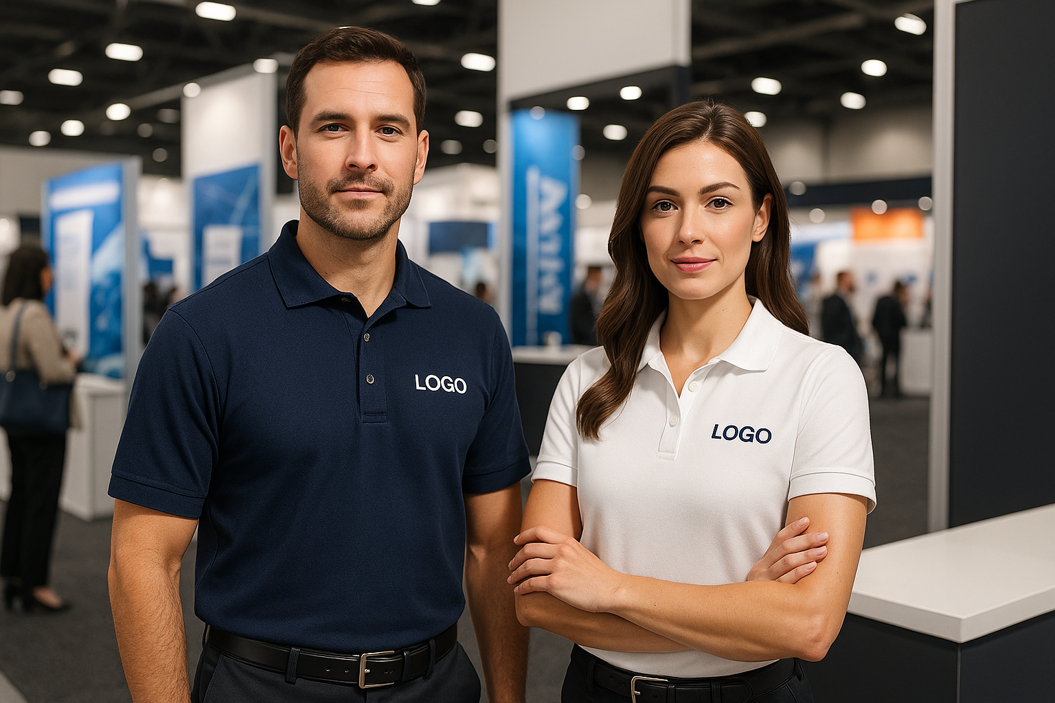 Make a banner man and woman wearing embroidered polo shirts at a trade show