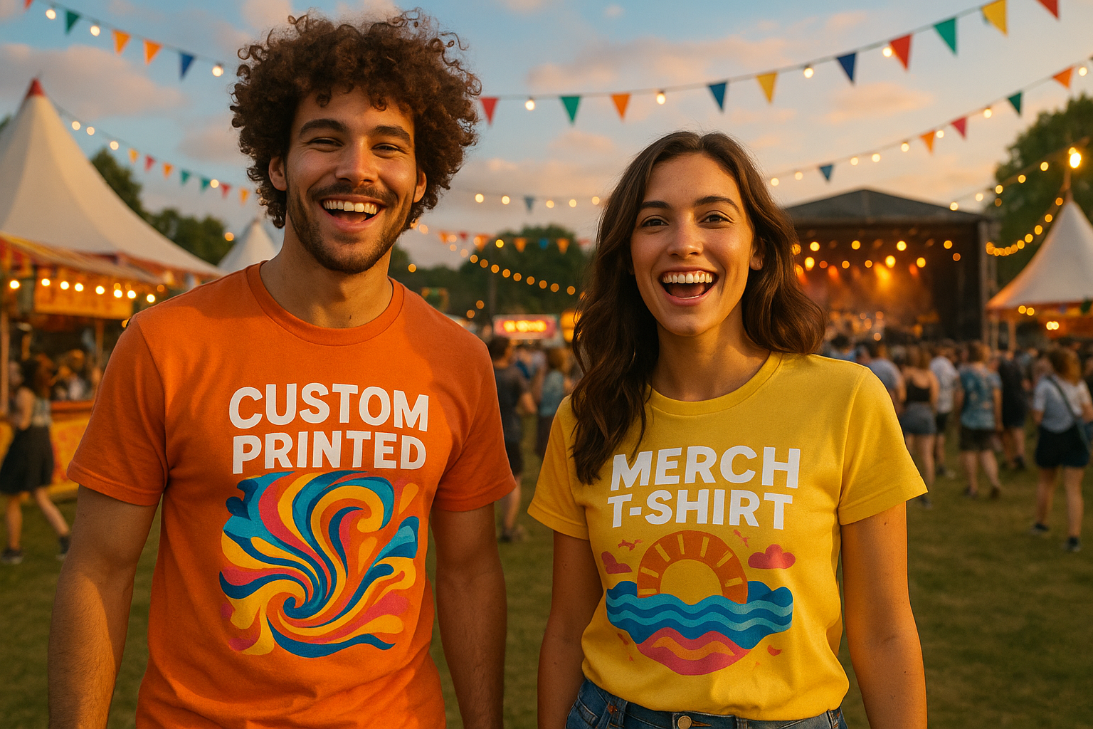 make a banner man and women wearing printed merch t-shirts out door festival